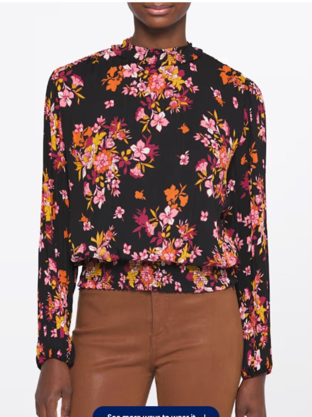 Les Serein Black Floral Smocked Blouse Feminine Romantic Boho Medium